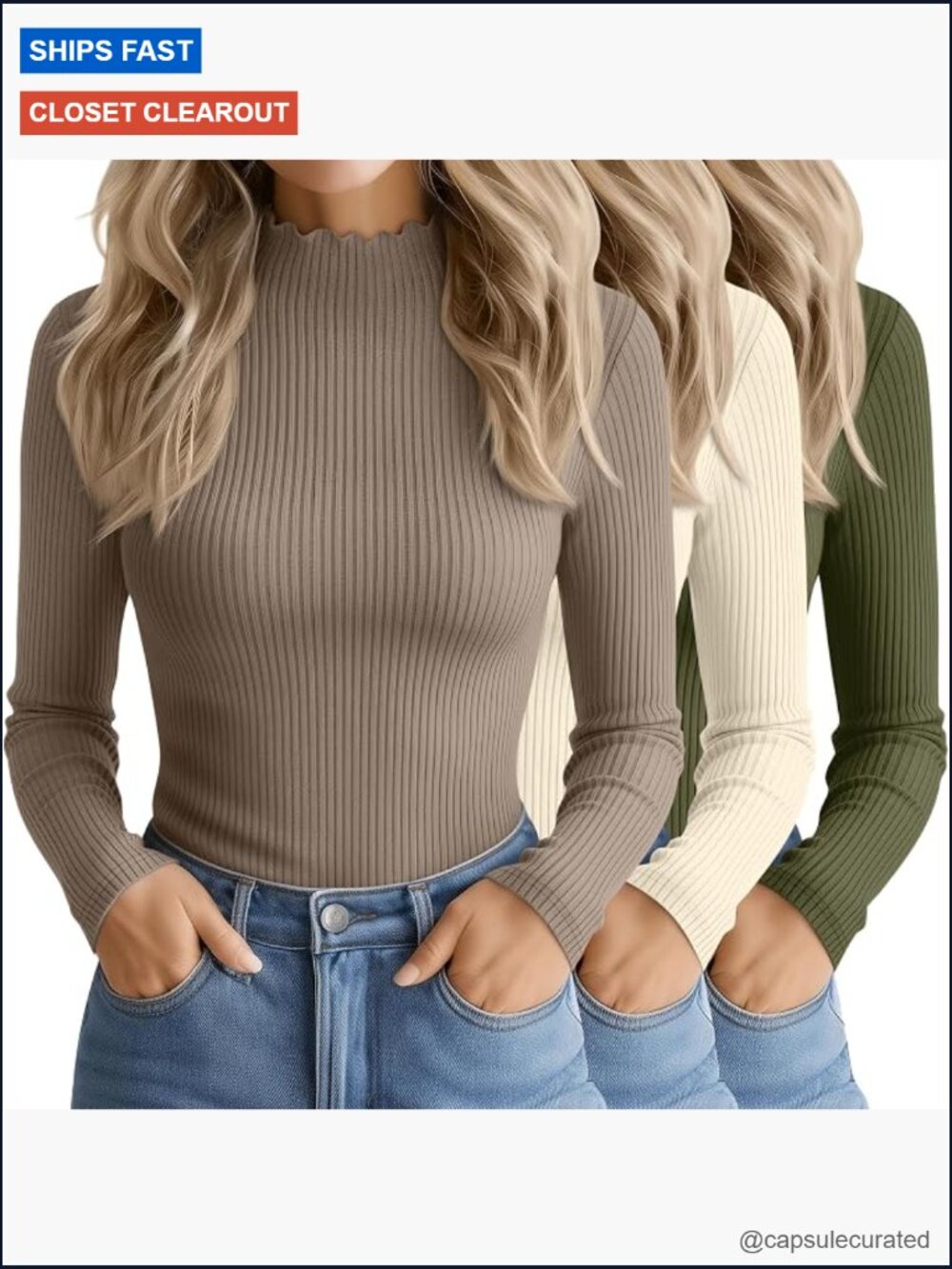 3 Pack Women's Cotton Long Sleeve Mock Turtleneck Tops Ribbed Slim Fit Shirts